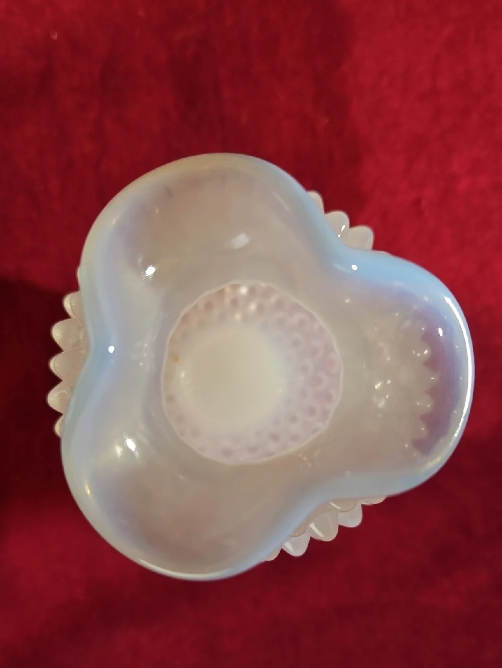 VTG Fenton French White Opalescent Translucent Hobnail Tricorn Crimped Rim Vase